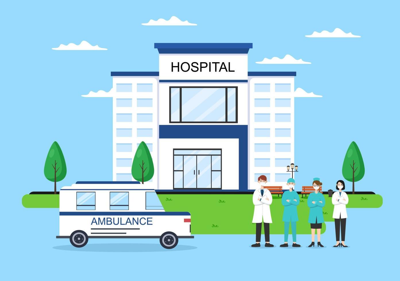 Krankenhausgebäude für Gesundheitshintergrundvektorillustration mit, Krankenwagen, Arzt, Patient, Krankenschwestern und medizinischem Klinikäußeres vektor