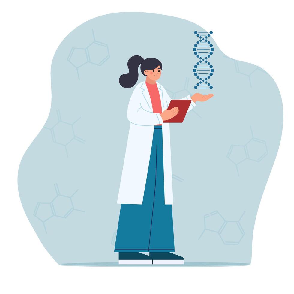 kvinna anställd av genetisk laboratorium innehar dna spiral. genomet forskning. genetisk teknik begrepp. vektor