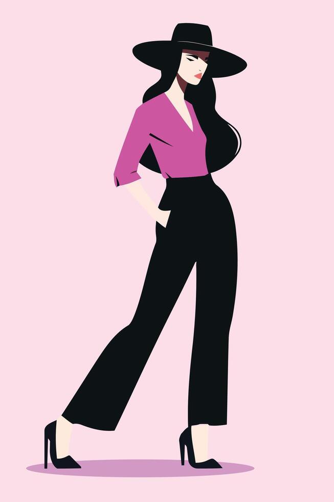 eleganta mode modell kvinna i hatt. dragen i vattenfärg med en rosa klänning. skön ung kvinna i mode kläder. skiss. vektor
