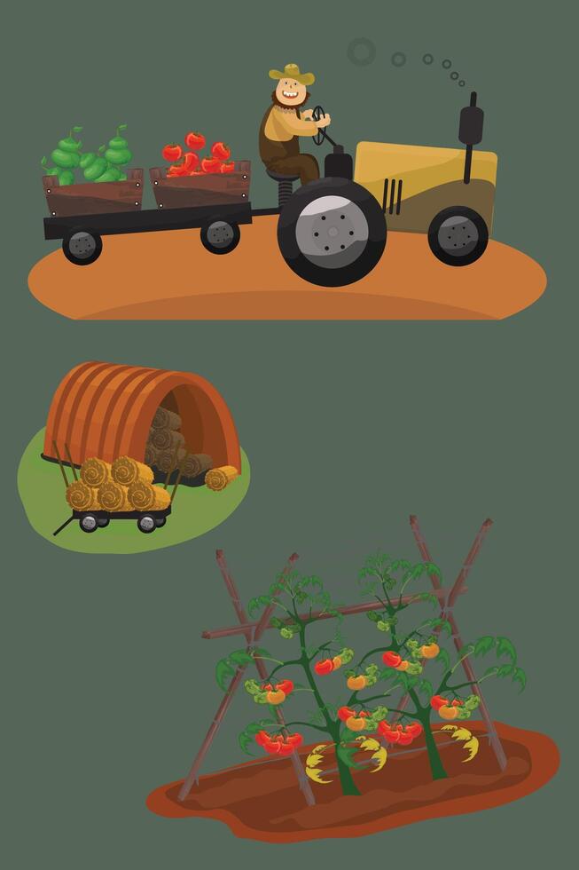 uppsättning lokal- organisk odla. jordbruks arbetare transport och sälja gröda. plantering och körning en traktor. vektor
