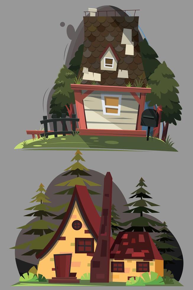 fe- berättelse hus med mörk gård. illustration för panorama- design bakgrund. vektor