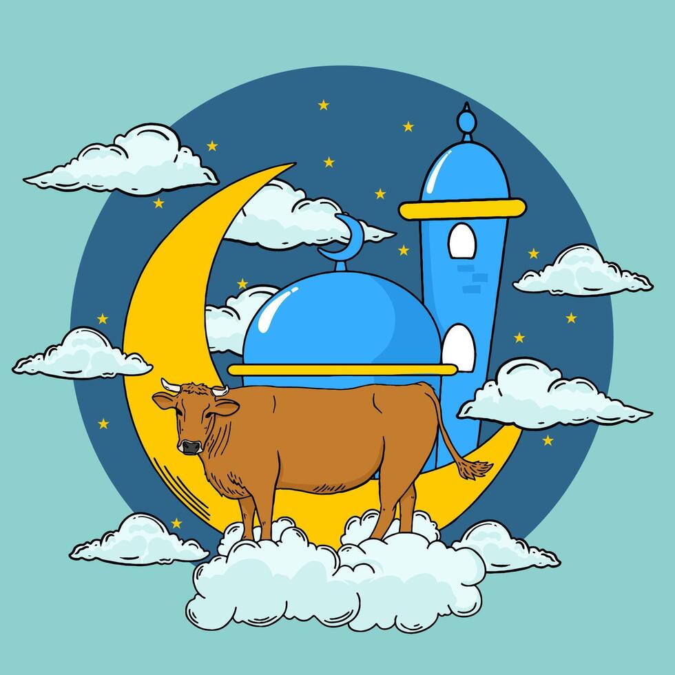 eid al-adha eben Design Illustration mit Kühe, Wolken, Moschee, Minarett und Halbmond Mond vektor