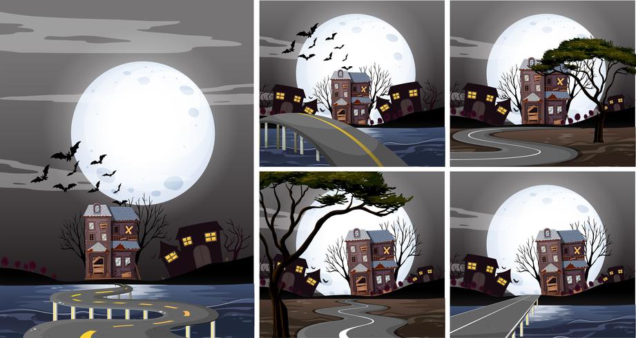 Fem scener av hemsökta hus på natten vektor