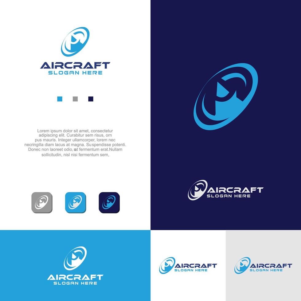 modernes Flugzeuglogo Industriedesign-Vektorvorrat. Luftfahrt- und Airline-Logo-Transporttechnologie vektor