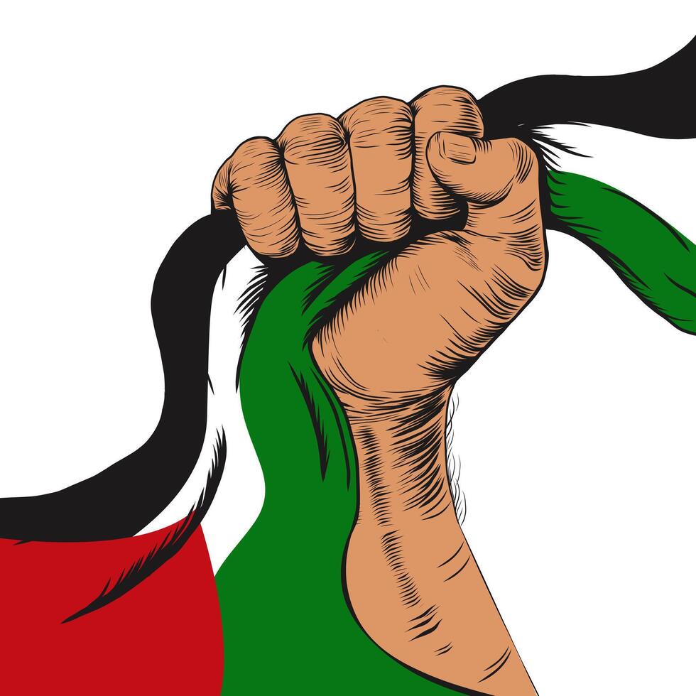 Faust Hand halten Palästina Flagge Schleife. Land von Palästina mit geballt Faust und palästinensisch Flagge. zum Poster, Banner, Aufkleber, t Hemd drucken. Symbol Menschheit, Freiheit, Unterstützung, patriotisch, vektor
