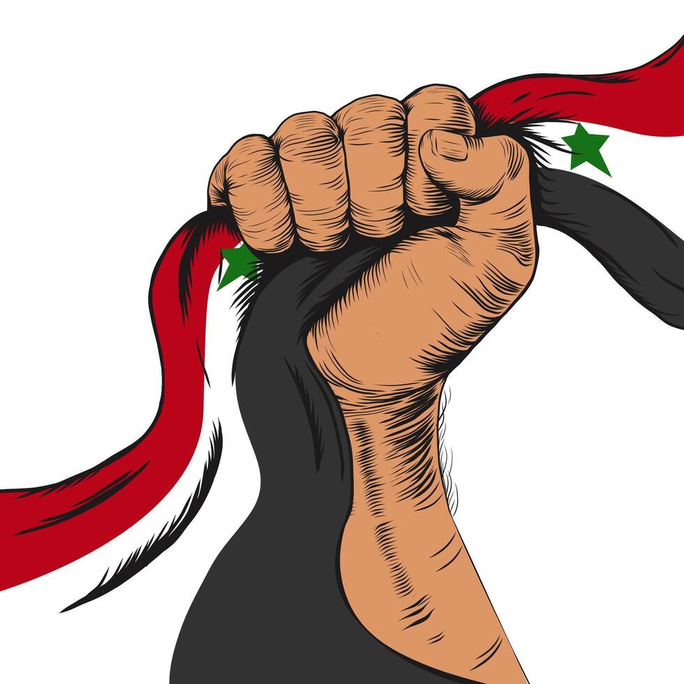 17 April. glücklich Unabhängigkeit Tag zum das Land von Syrien mit geballt Faust und syrisch Flagge Schleife. Hand halten National Flagge von Syrien. Illustration auf Weiß zum Banner, Sozial Medien, Post. vektor