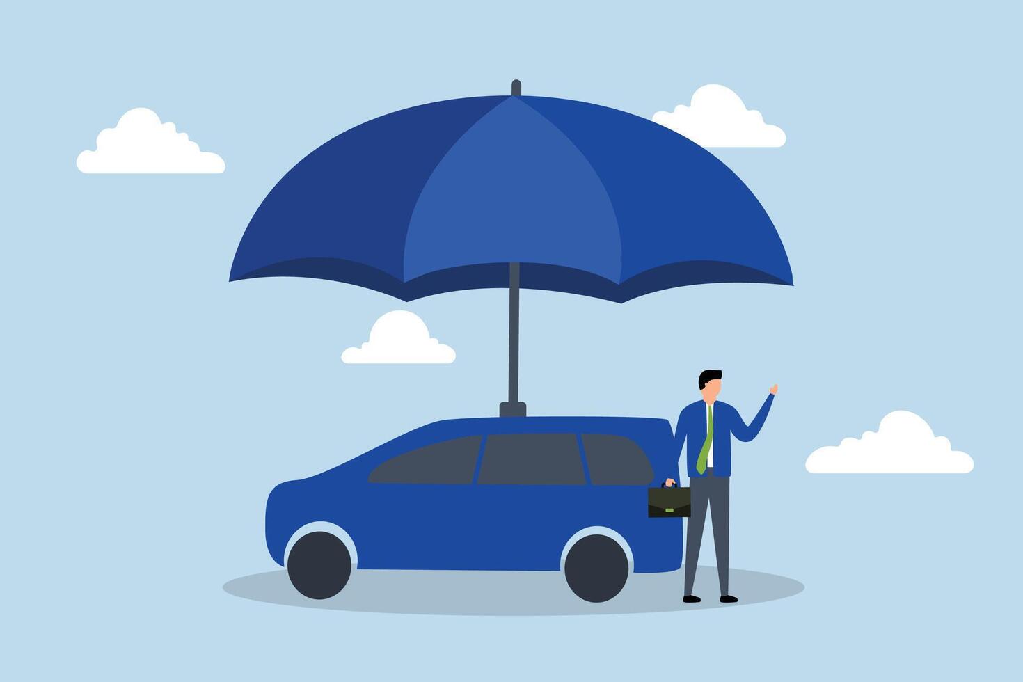 Auto Inhaber steht mit das Neu Auto unter ein stark Regenschirm Abdeckung. vektor