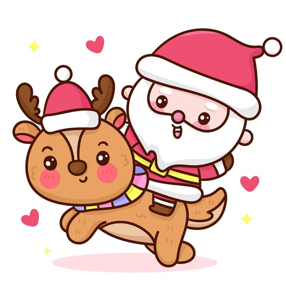 santa tecknad och ren kawaii jul vektor