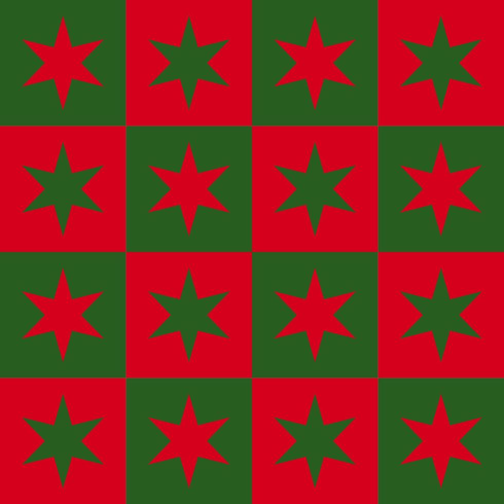 nahtloses Musterdesign von Sternen im quadratischen Rahmen. Weihnachtsmotiv in Rot und Grün, geeignet für Geschenkpapier, Tapeten, Stoffe usw. vektor
