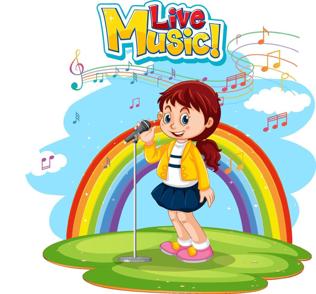 Live-Musik-Logo mit einem Mädchen, das auf Regenbogenhintergrund singt vektor