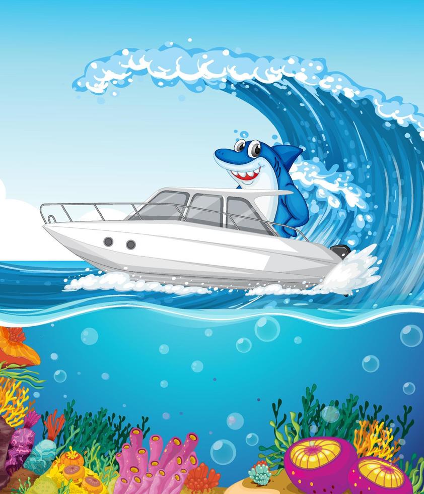 haj på speedbåt på havsvåg vektor