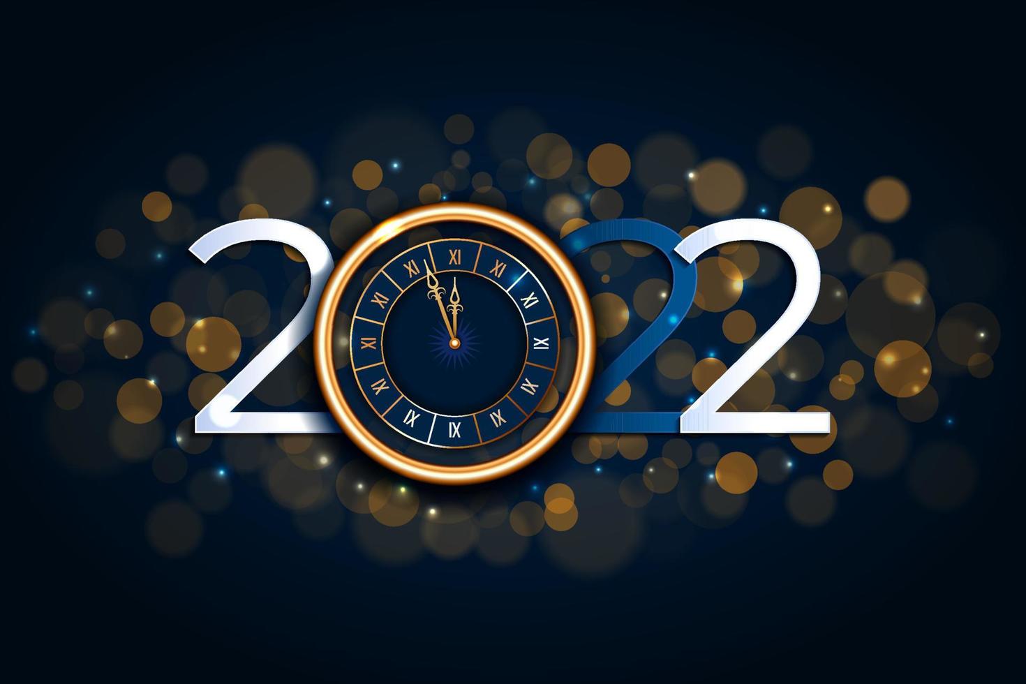 Bokeh-Hintergrund des neuen Jahres 2022 mit goldener Uhr. vektor