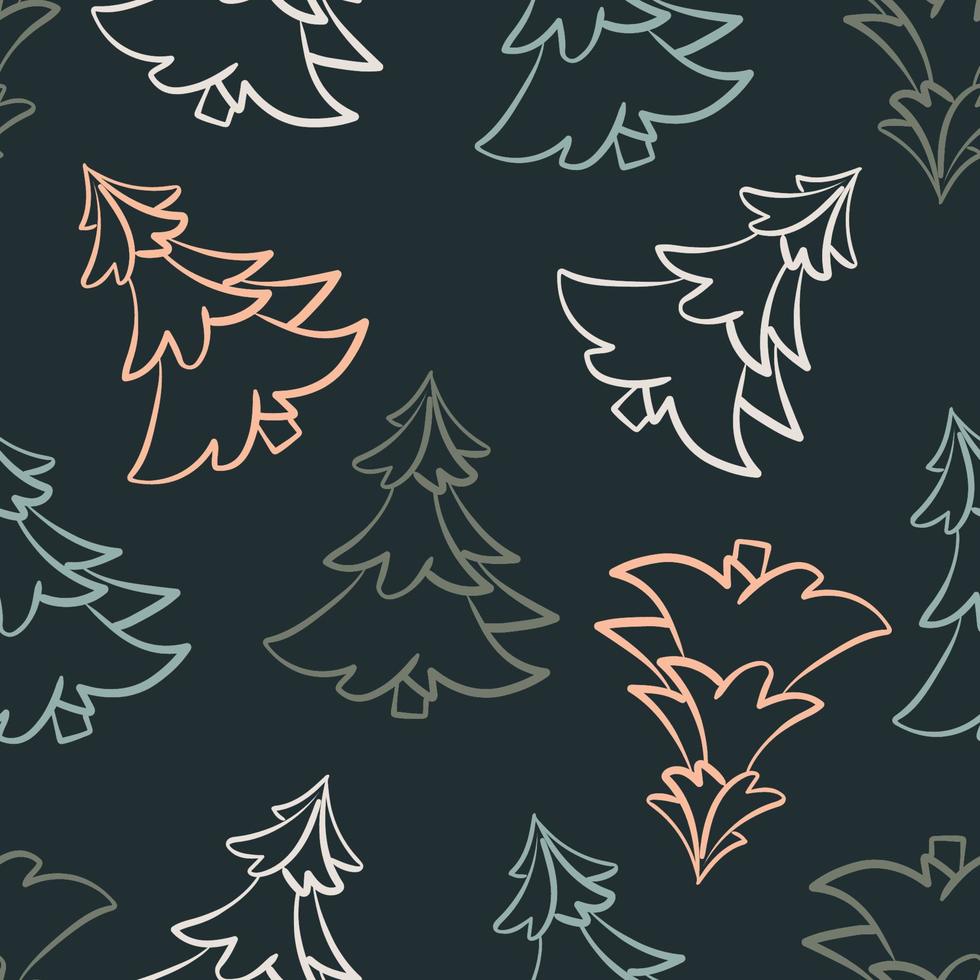 nahtloses Muster mit Weihnachtsbaum Strichzeichnungen auf einem dunkelgrünen Hintergrund. zur Gestaltung von Grußkarten, Geschenkpapier und Scrapbooking vektor