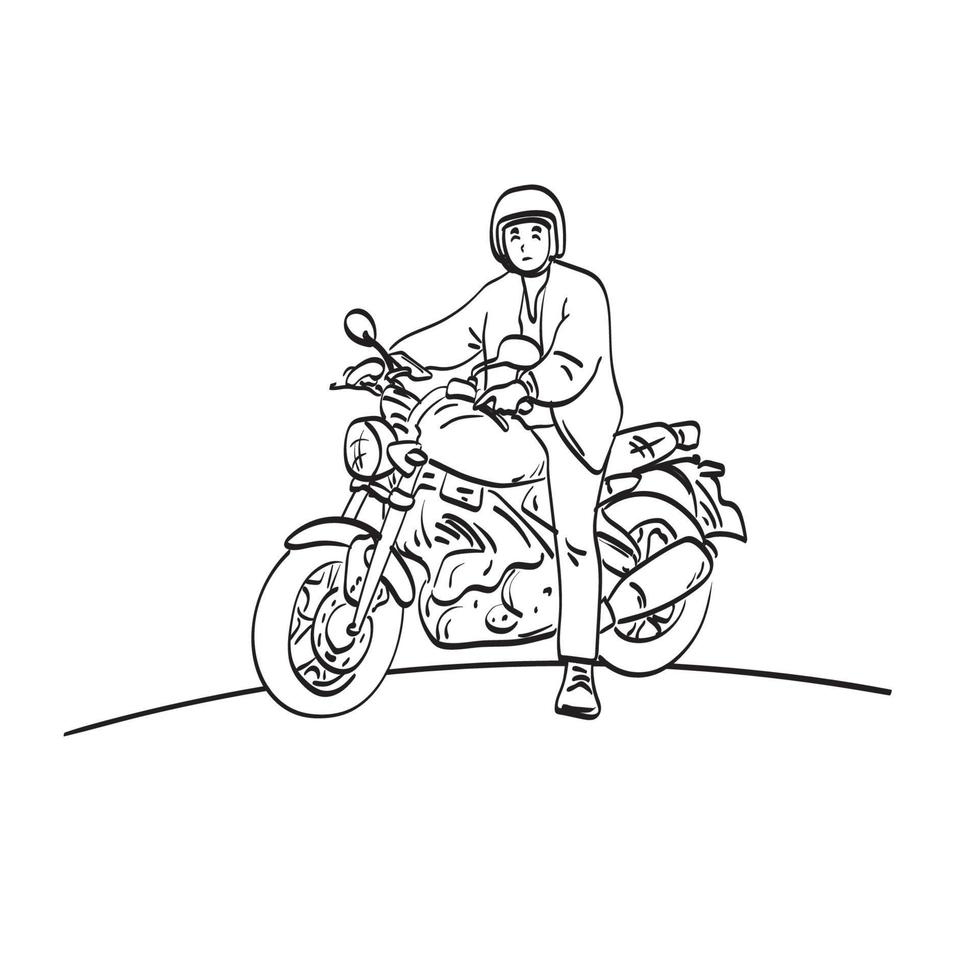 Biker mit seinem Motorrad-Illustrationsvektor isoliert auf weißem Hintergrund Strichzeichnungen. vektor