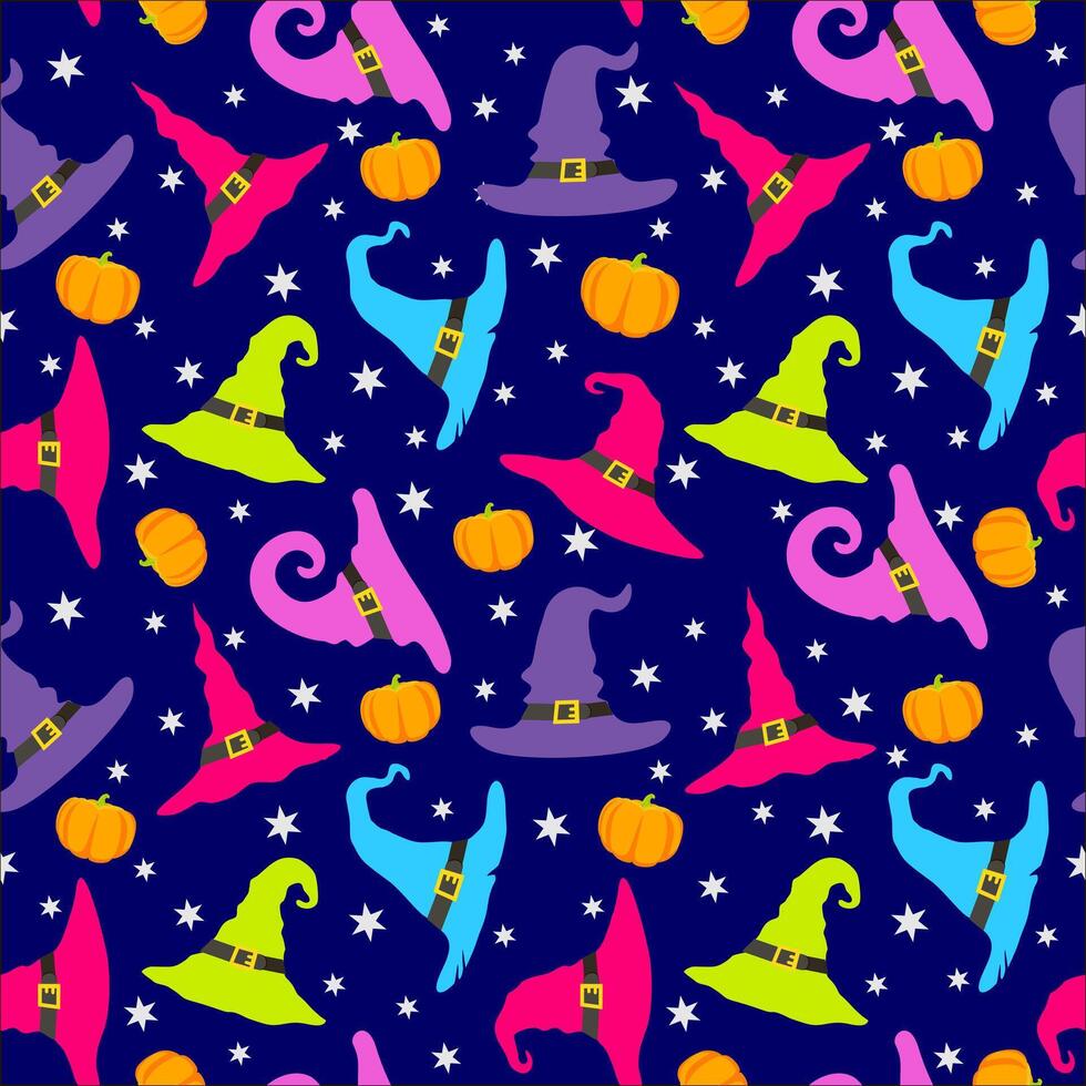 Hexe Hut, Kürbisse und Sterne nahtlos Muster. süß Magier Kappen, Halloween Urlaub Symbole Muster vektor