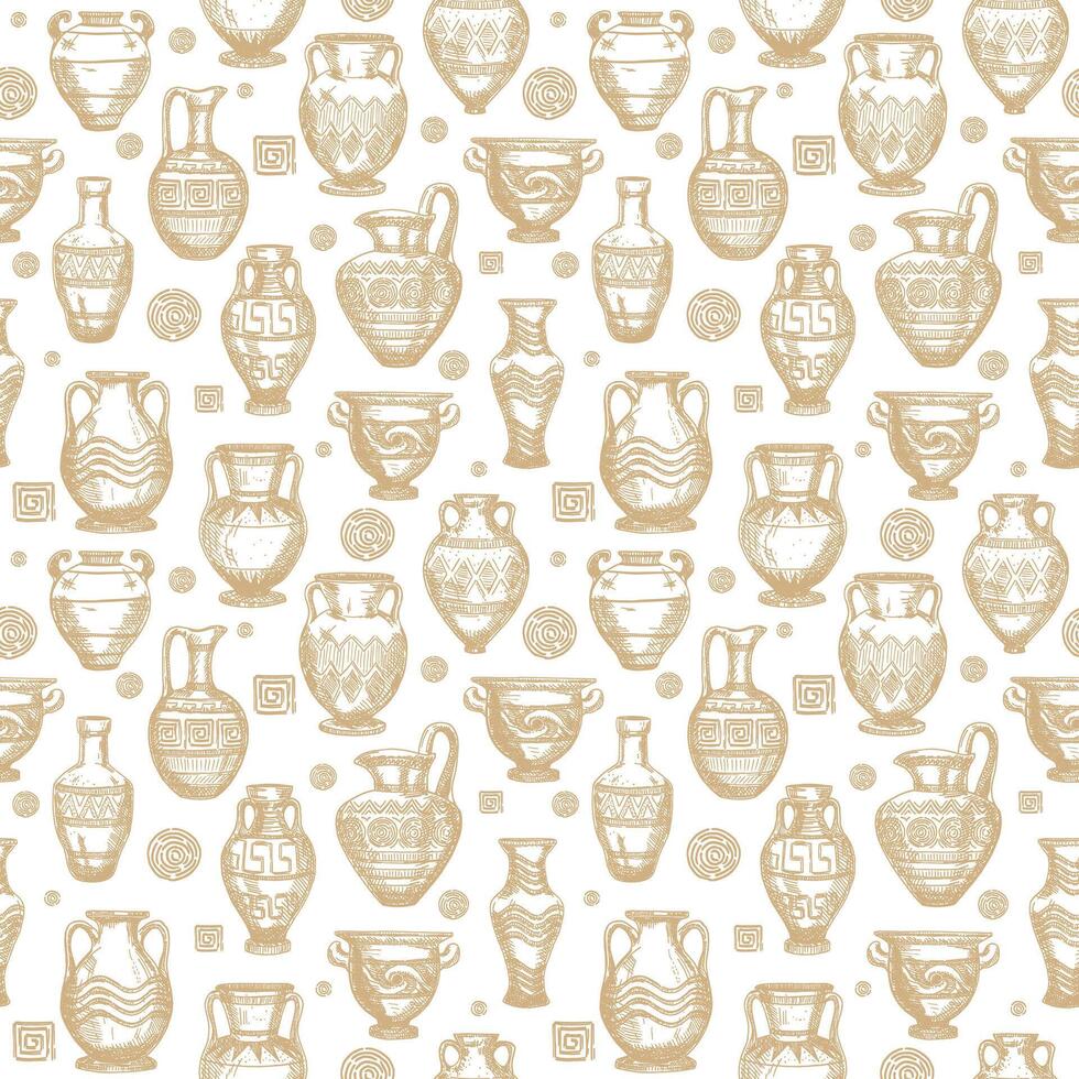 nahtlos Muster mit Antiquität Vasen skizzieren. einstellen von Lehm Geschirr. dekorativ nahtlos Muster mit Terrakotta Vasen von anders Formen und Größen vektor