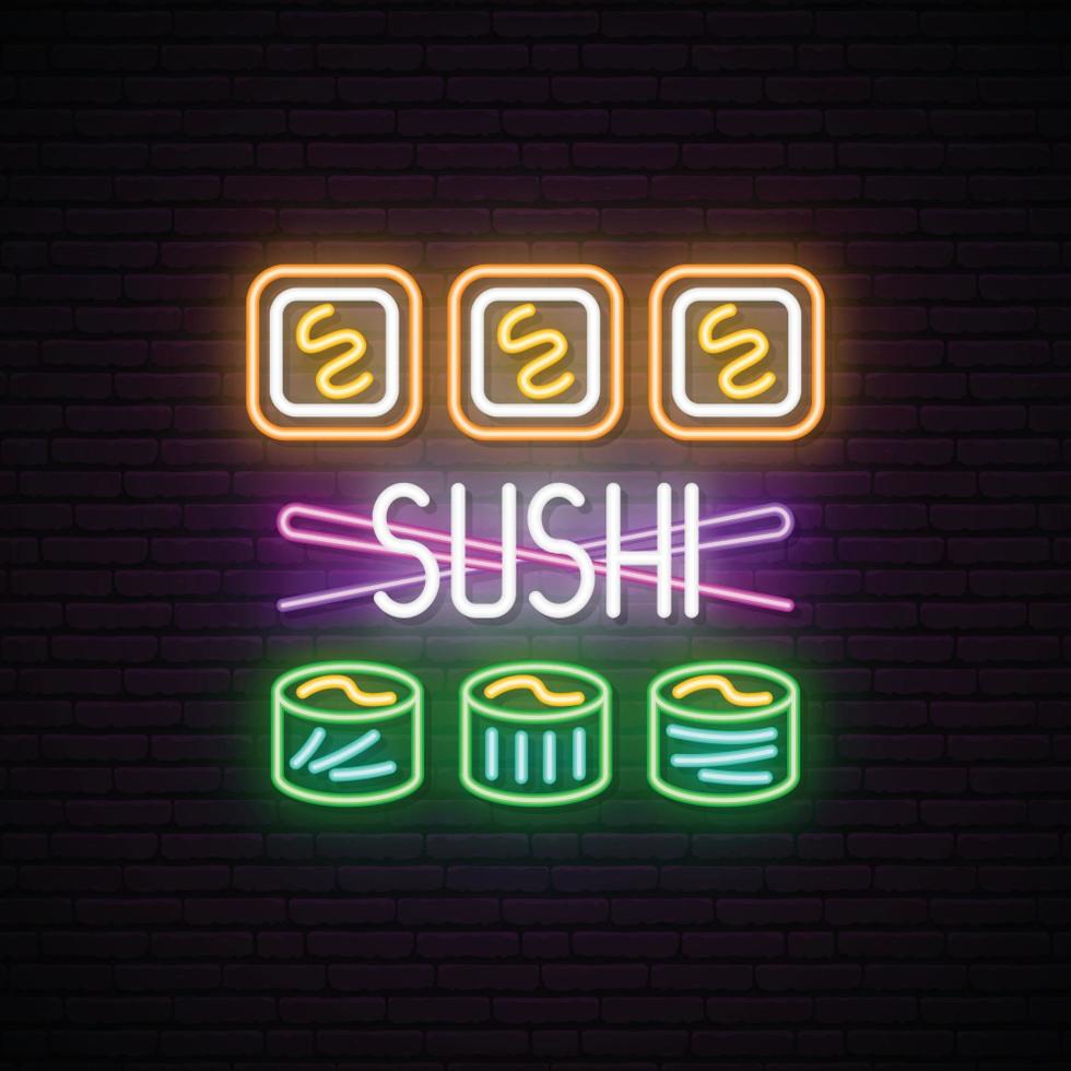 sushi rullar med ätpinnar neon skylt. vektor