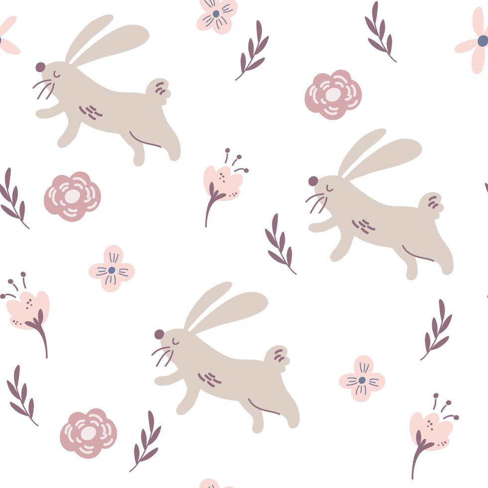 söta kaniner och blommor seamless mönster. sömlös bakgrund för barnkammare, baby- och barnprodukter, tyg, pappersvaror, textil. vår- och påsktema. hand rita vektorillustration. vektor