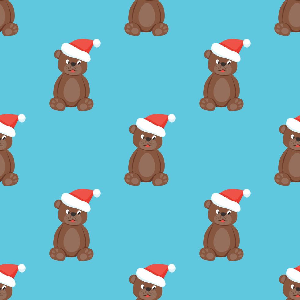 nahtloses Muster eines Bären in einem Weihnachtsmann-Hut auf blauem Grund. flache vektorillustration vektor