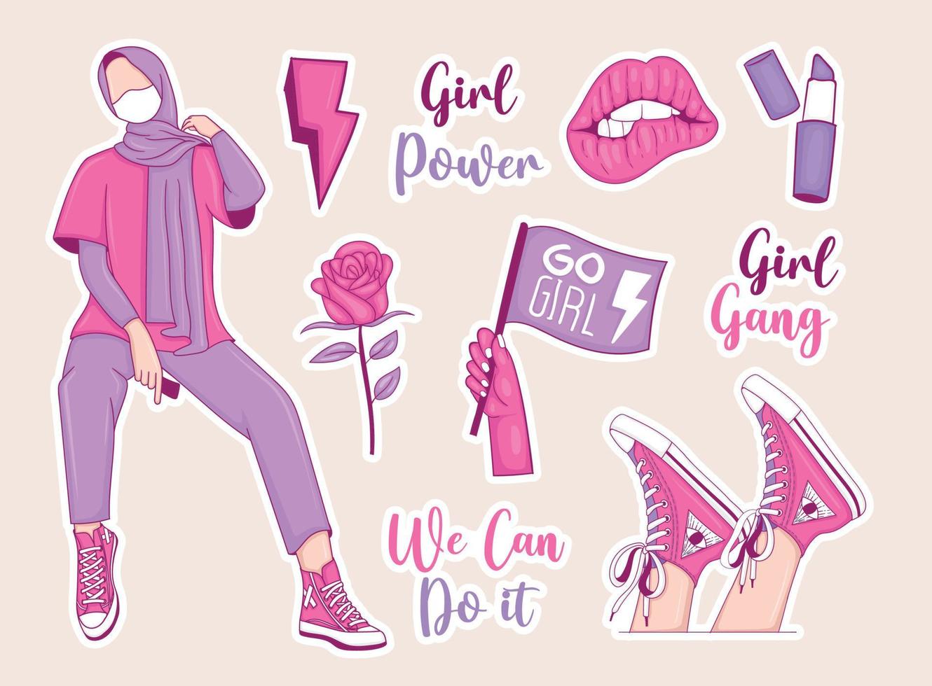 Girl Powers Sticker Collection mit Mädchenillustration und einigen Elementen vektor