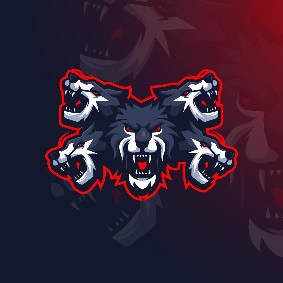 Wölfe-Maskottchen-Logo-Design-Vektor-Illustration für eSport-Team. fünfköpfiger Wolf vektor