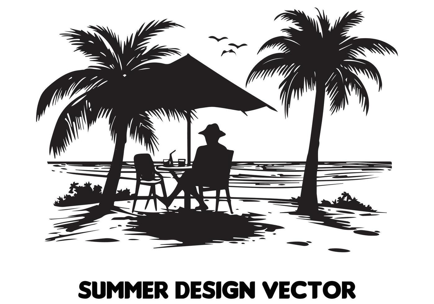 Sommer- Design Palme Baum Sitzung auf Stuhl Vorderseite Tabelle und Regenschirm Mann Strand zum drucken auf Nachfrage schwarz Fett gedruckt einfach Gliederung kostenlos Design vektor
