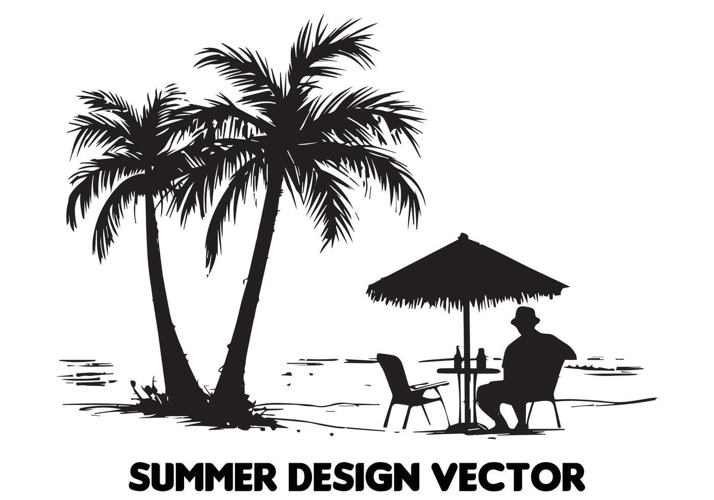 Sommer- Design Palme Baum Sitzung auf Stuhl Vorderseite Tabelle und Regenschirm Mann Strand zum drucken auf Nachfrage schwarz Fett gedruckt einfach Gliederung auf Weiß Hintergrund kostenlos Design vektor