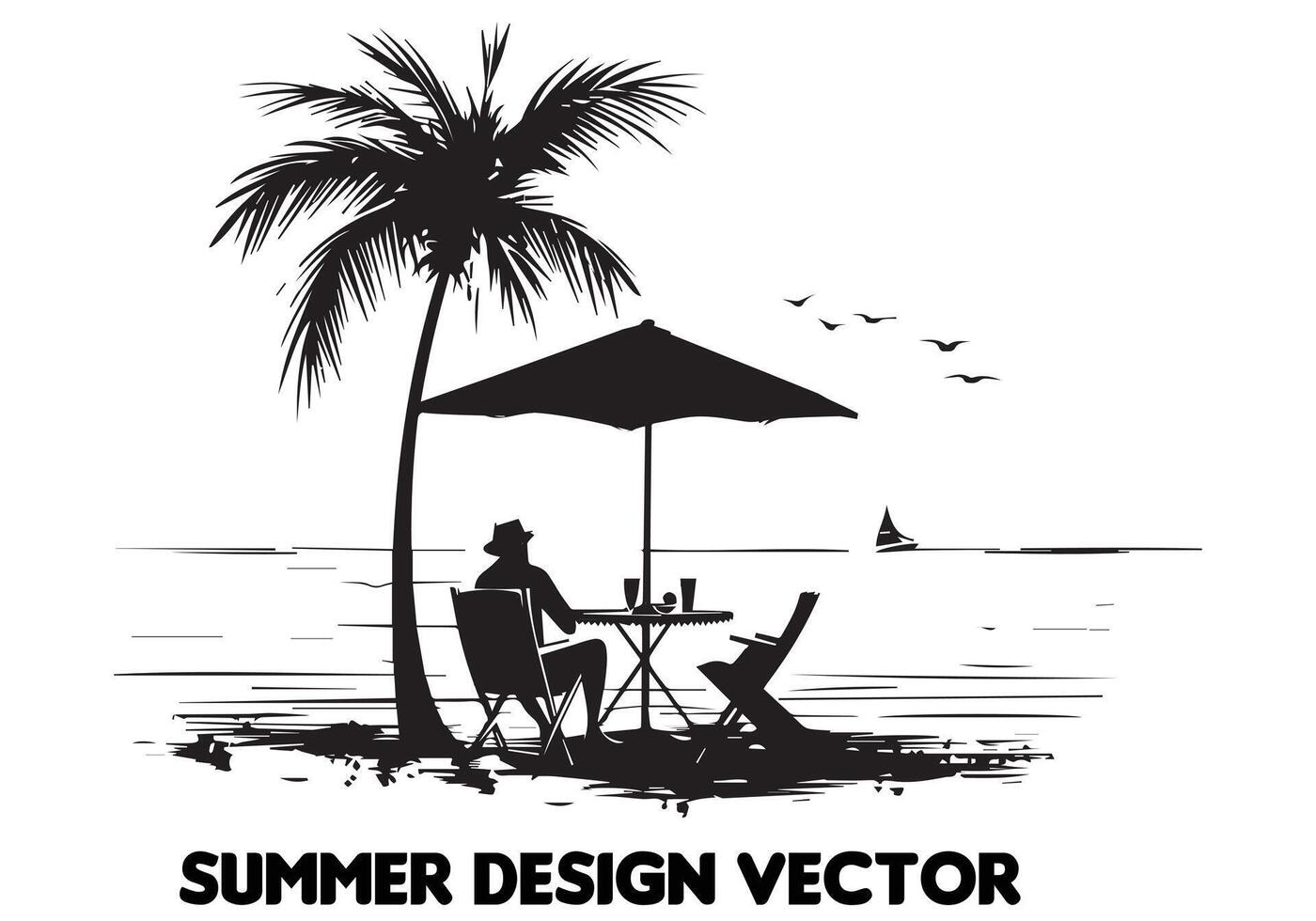 Sommer- Design Palme Baum Sitzung auf Stuhl Vorderseite Tabelle und Regenschirm Mann Strand zum drucken auf Nachfrage schwarz Fett gedruckt einfach Gliederung auf Weiß Hintergrund kostenlos Design vektor