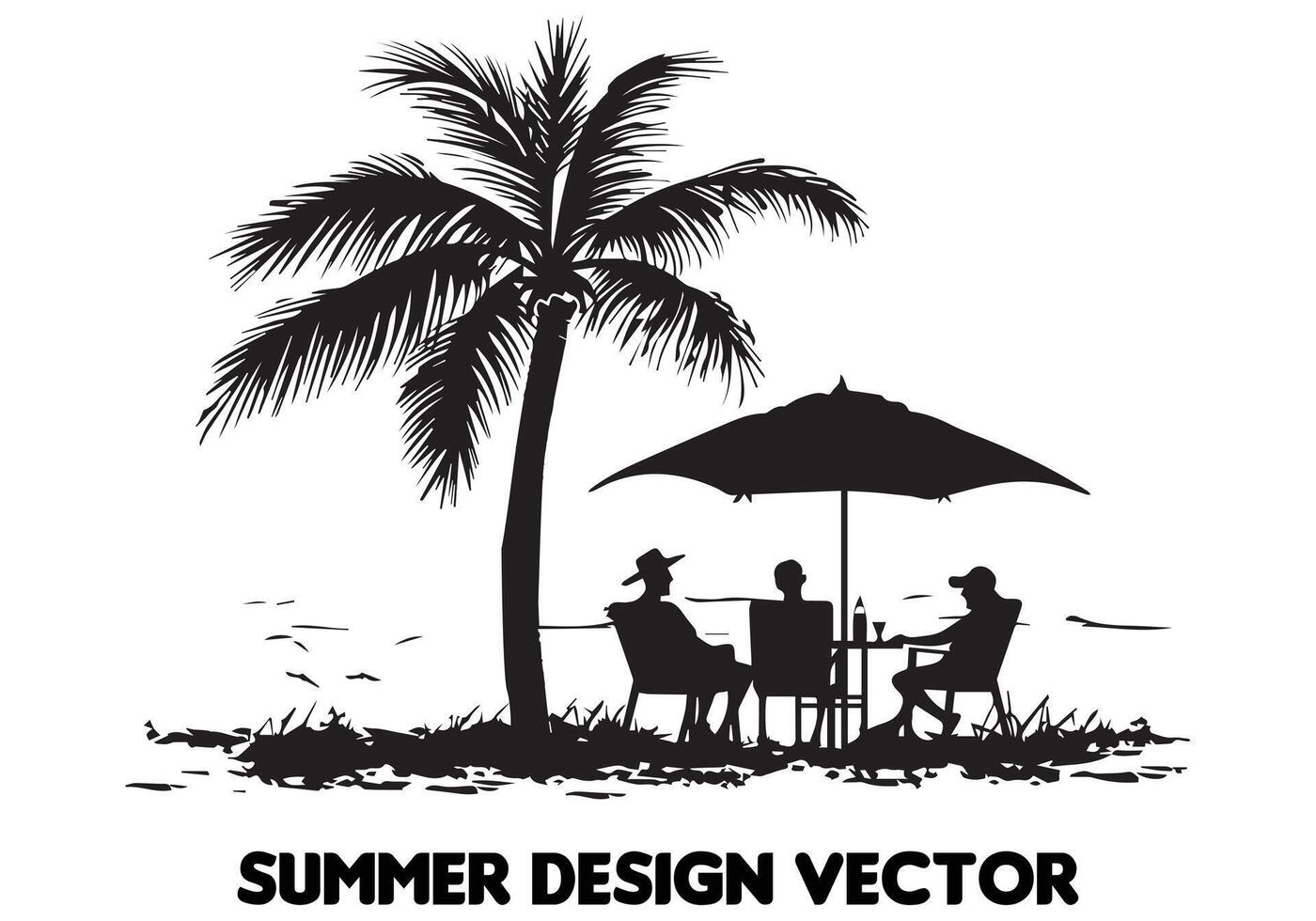 Sommer- Design Palme Baum Sitzung auf Stuhl Vorderseite Tabelle und Regenschirm Mann Strand zum drucken auf Nachfrage schwarz Fett gedruckt einfach Gliederung kostenlos Design vektor