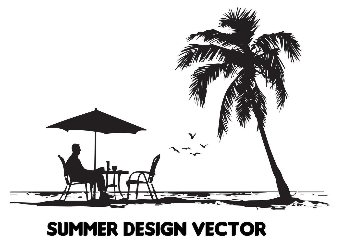 Sommer- Design Palme Baum Sitzung auf Stuhl Vorderseite Tabelle und Regenschirm Mann kostenlos Design vektor