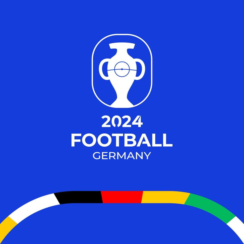 Vektorlogo der Fußballmeisterschaft 2024. Fußball oder Fußball Deutschland 2024 Logo Emblem auf nicht offiziellem blauem Hintergrund mit bunten Linien der Landesflagge. Sportfußballlogo mit Pokaltrophäe. vektor