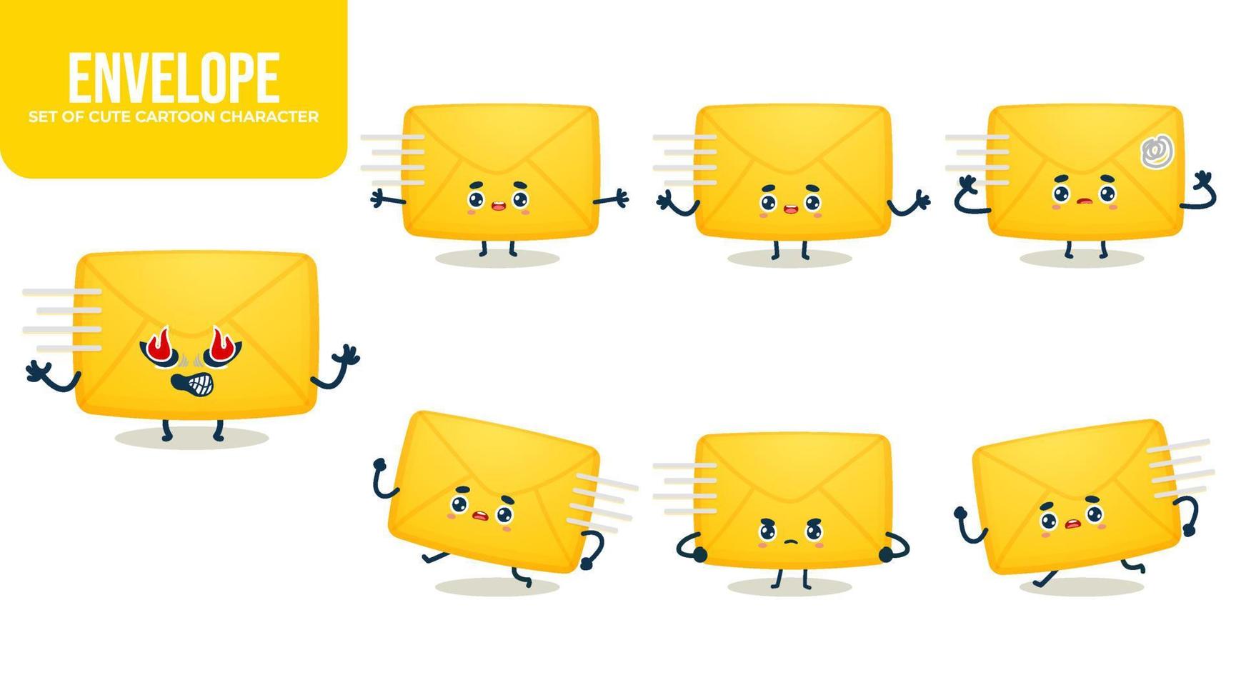uppsättning av söta kuvert gul seriefigur med olika poser premium vektor