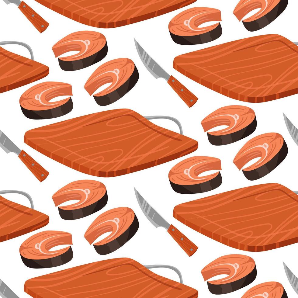 ein Muster von frisch rot Fisch Steak ist Schnitt mit ein groß Messer auf ein hölzern Tafel. Ideal zum demonstrieren Rezepte, Kochen Tipps, Kochen Tutorials. nahtlos Illustration. Koch Schneiden von Steak vektor