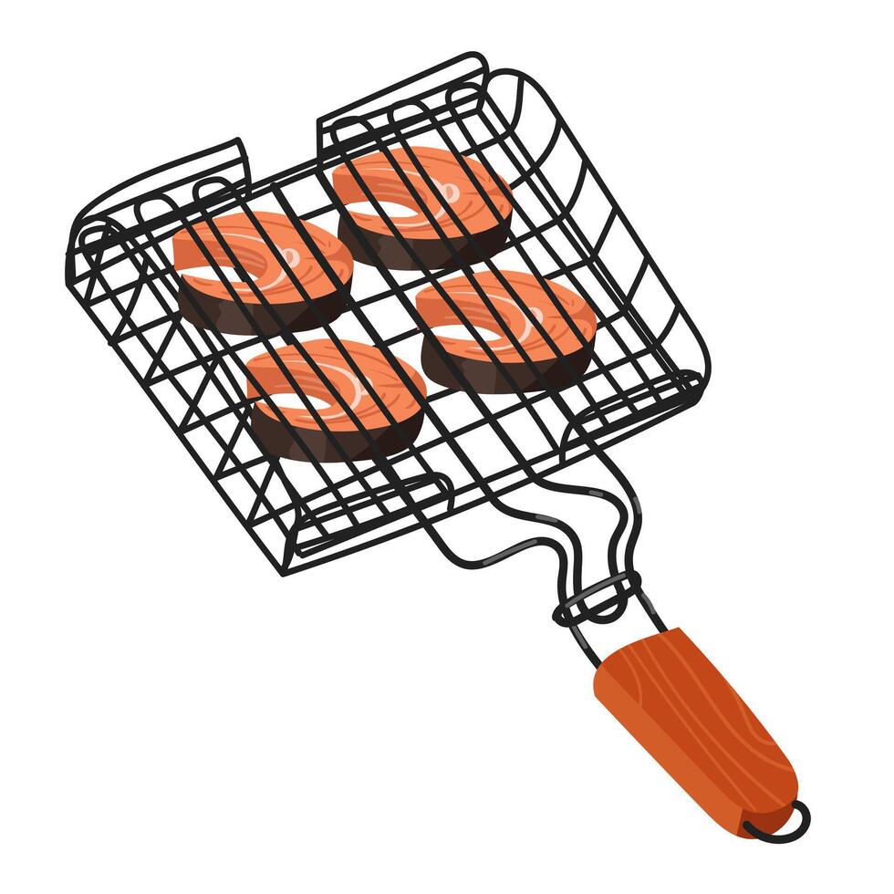 illustration av en grill grill med färsk röd fisk biffar, matlagning utomhus. idealisk för använda sig av i PR material. ett isolerat illustration av en utegrill. demonstration av grillning tekniker vektor