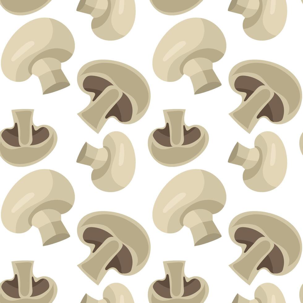 ein Muster von Pilze von Champignons ganze und im Abschnitt, demonstrieren das anders Größen und Orientierung von Pilze im ein repetitiv Design. verwenden zum Verpackung zu Show das schmecken. nahtlos Textur vektor