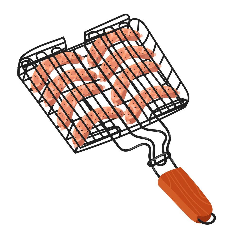 illustration av en grill grill med färsk kött korvar i en rad, matlagning utomhus. idealisk för använda sig av i PR material. ett isolerat illustration av en utegrill. demonstration av grillning tekniker vektor