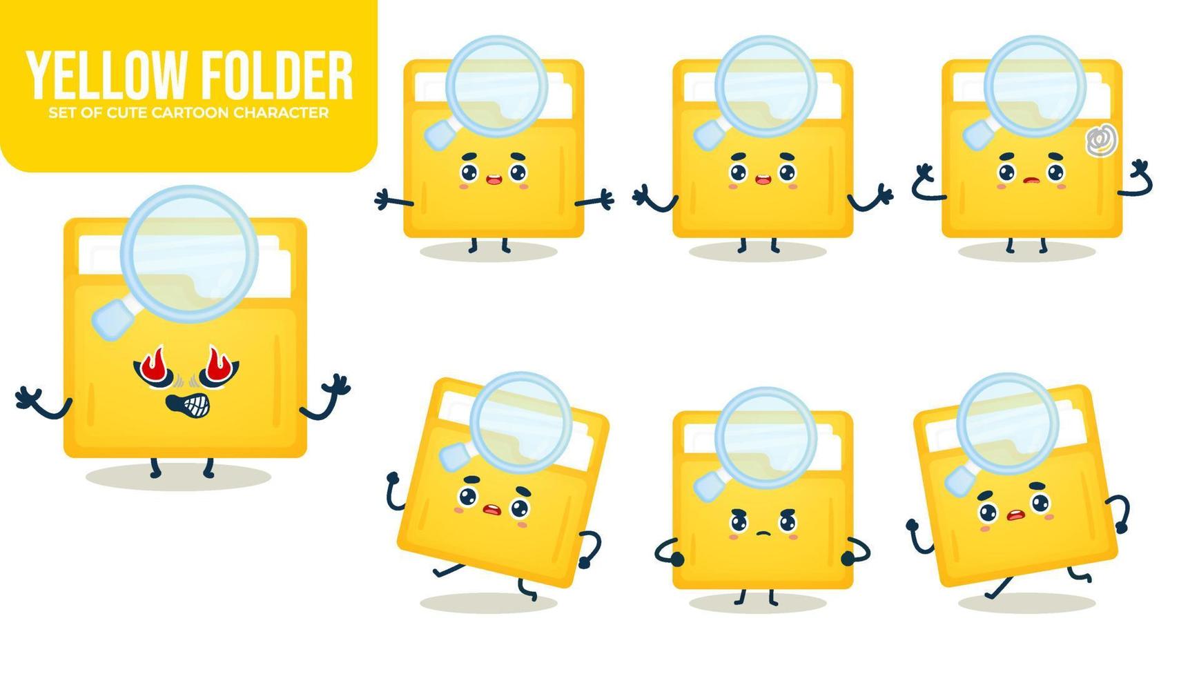 uppsättning av söta gula mapp och förstoringsglas ikoner seriefigur med olika poser premium vektor