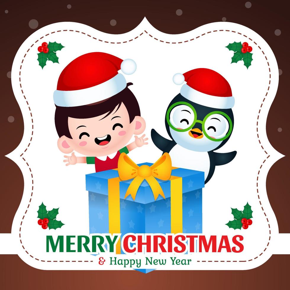 süßer Junge und Pinguin mit Weihnachtsgeschenkbox, die Weihnachten und Neujahr feiert vektor
