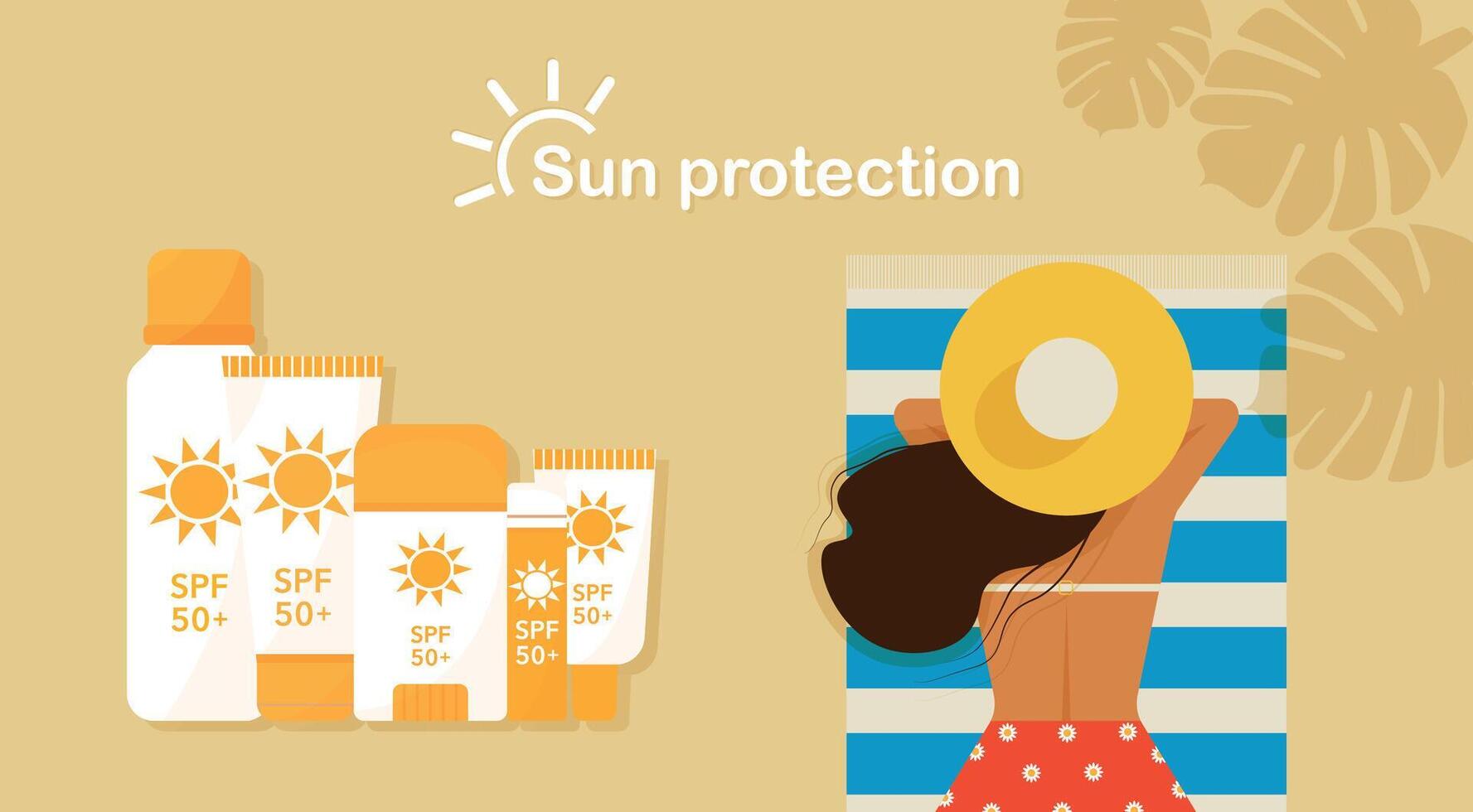 flicka på de strand. Solskydd till henne kropp. skydd kosmetika uppsättning med spf uv filtrera. sommar semester baner. grafik vektor