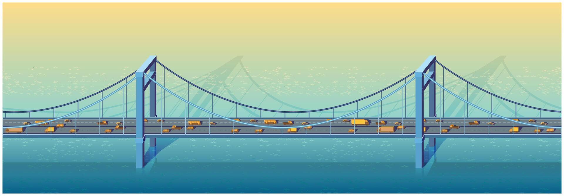 horizontal nahtlos Illustration von ein groß Brücke auf ein sonnig Tag mit Transport vektor