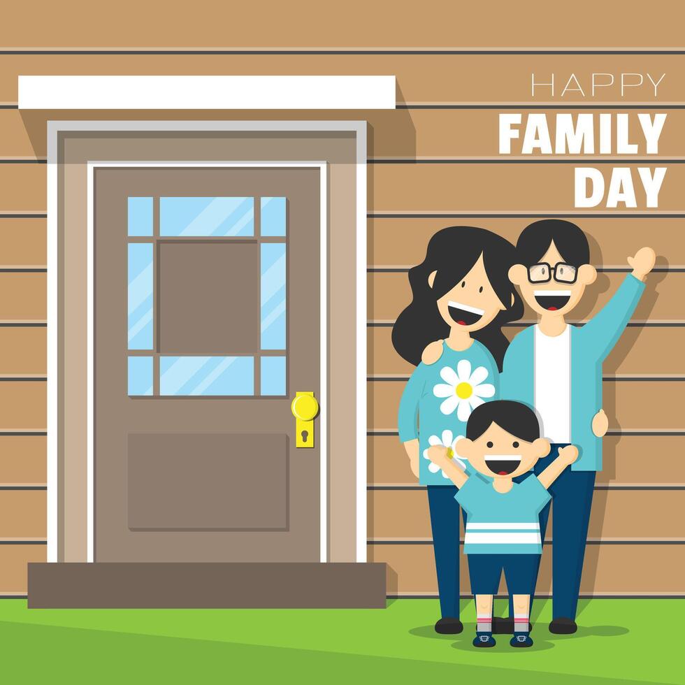 Lycklig familj dag affisch med en familj stående i främre av de hus vektor
