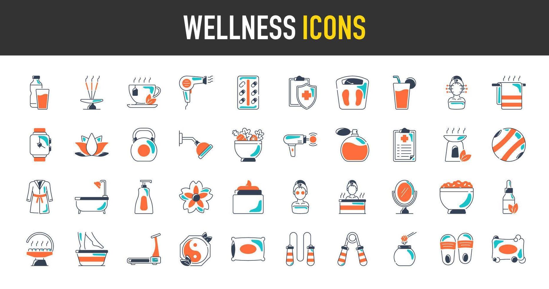 wellness ikon uppsättning. sådan som massage, yoga, spa, avslappning, hälsa, träning, diet, välbefinnande, meditation, aromaterapi och Mer ikoner illustration samling. vektor