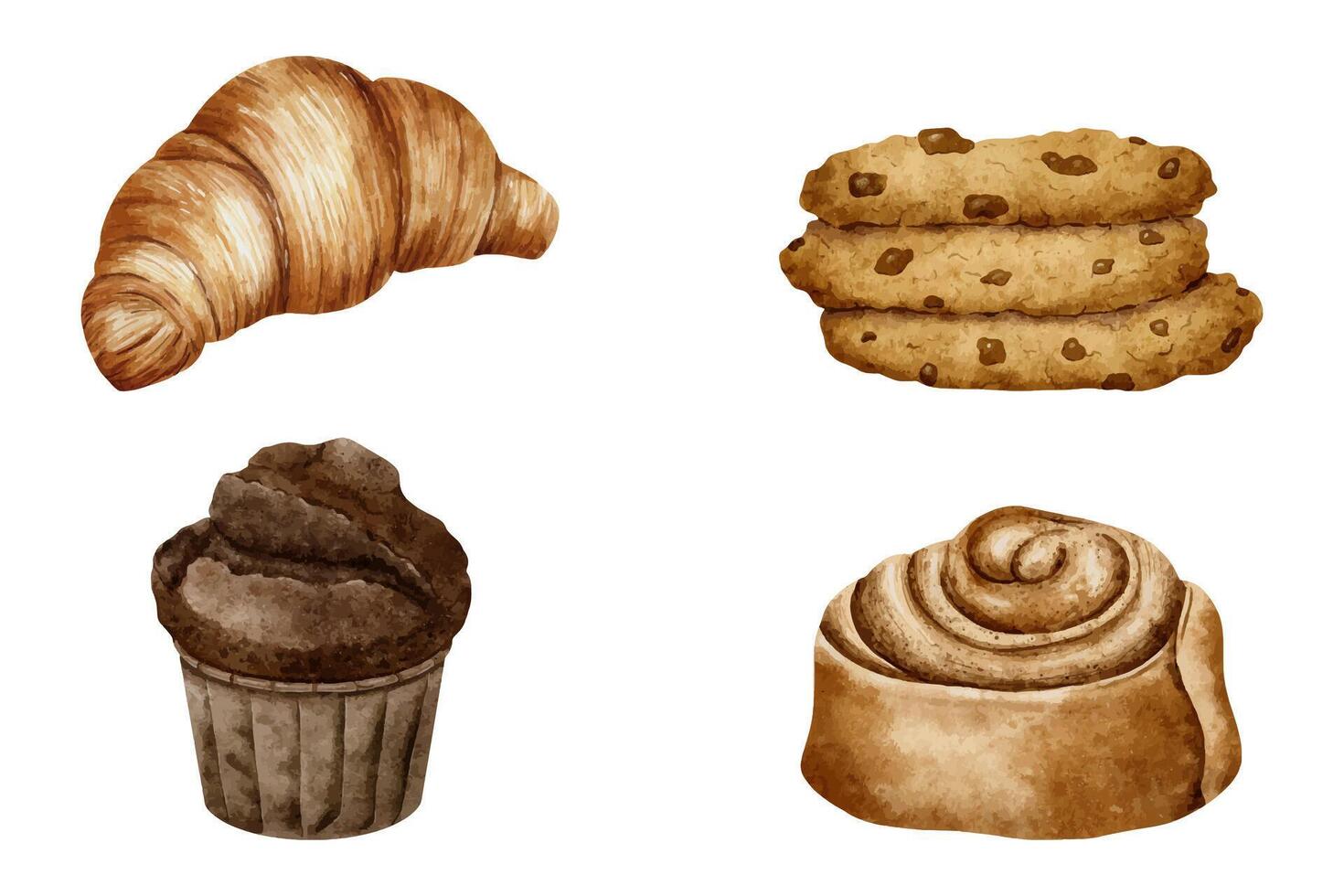 einstellen von gebacken Produkte Croissant, spiralförmig Zimt rollen, Kekse, Muffin. Aquarell isoliert Hand gezeichnet Illustrationen. Clip Art von Süss Gebäck zum Etikett, Verpackung, Karte, für Backhaus, Bäckerei vektor