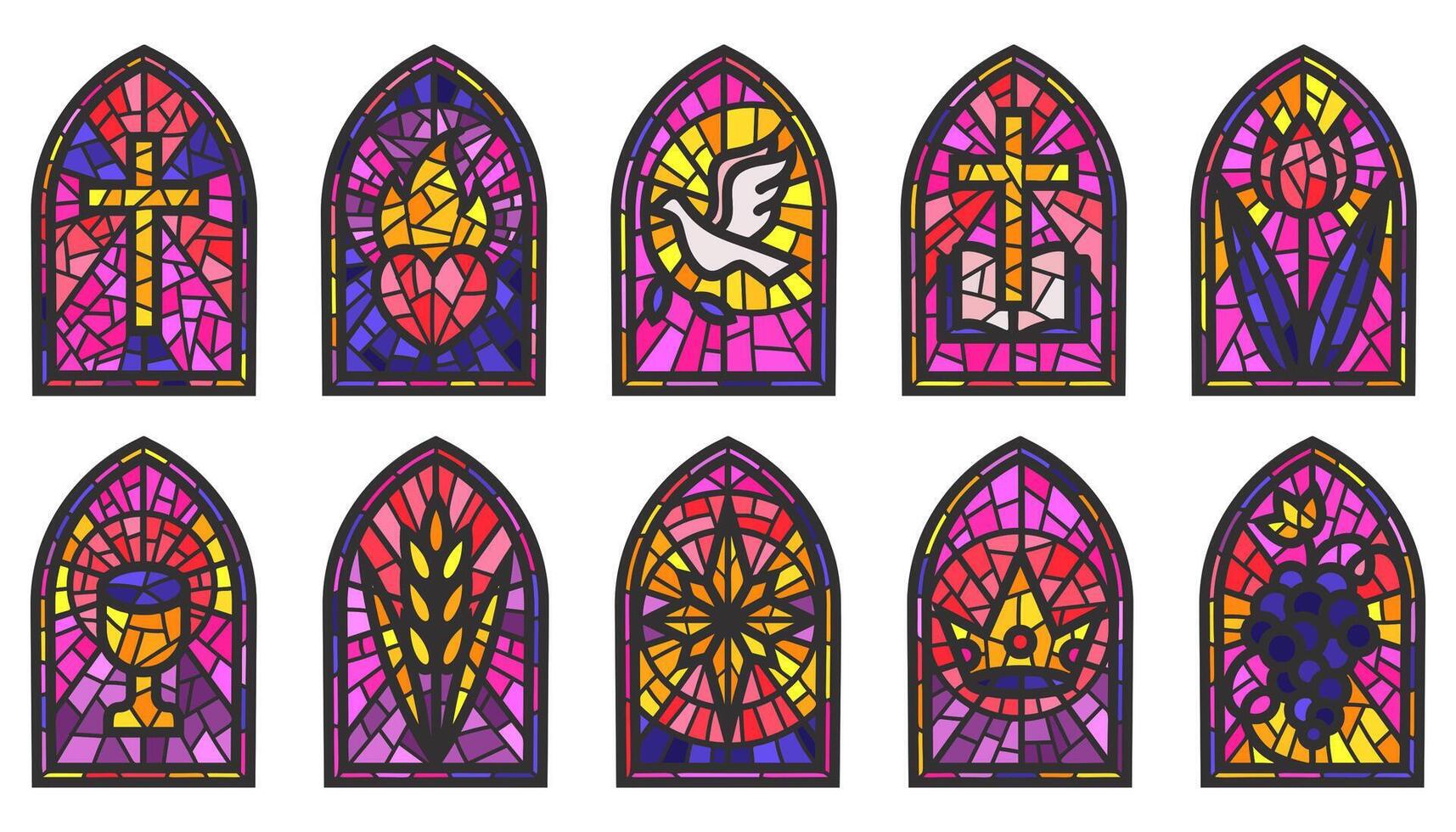kyrka glas fönster. färgade mosaik- katolik ramar med korsa, bok och religiös symboler. uppsättning isolerat på vit bakgrund vektor