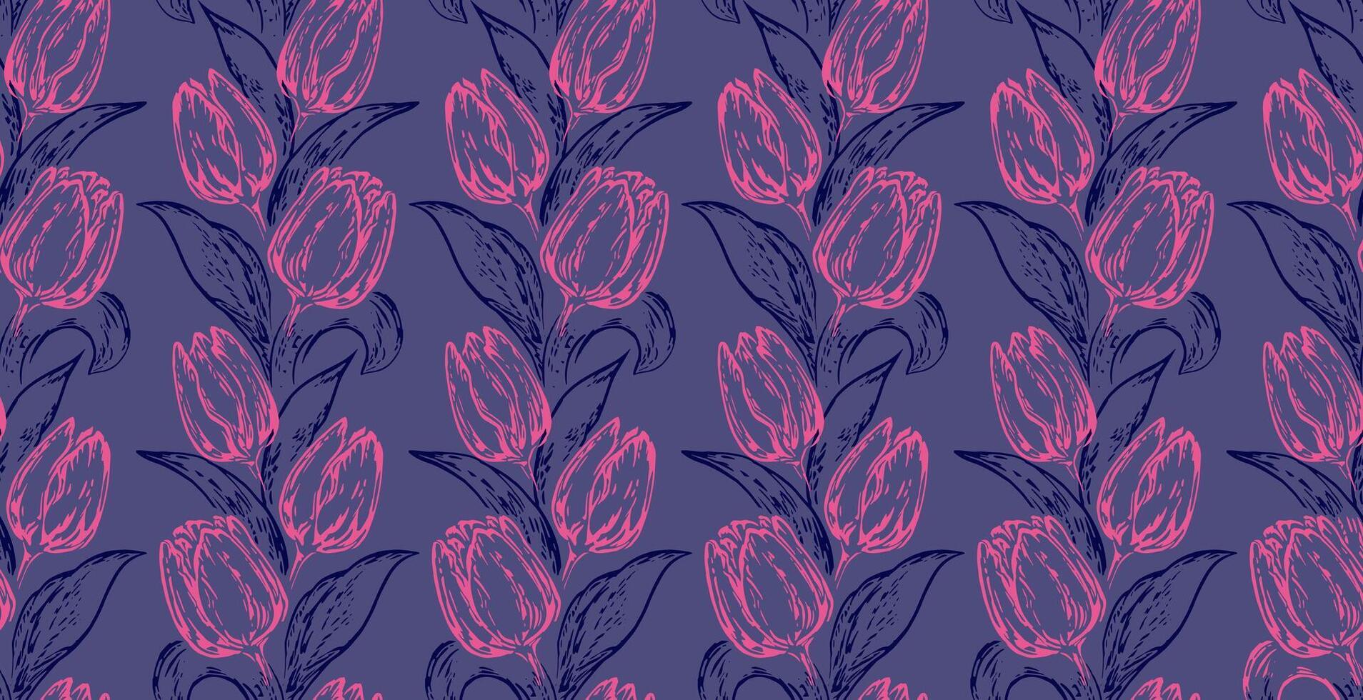 künstlerisch abstrakt Linien Tulpen und Blätter verflochten im ein nahtlos Muster auf ein Blau Hintergrund. Hand gezeichnet skizzieren Umrisse. einfach Blumen- Stängel Drucken. Design Ornament zum Stoff, Textil- vektor