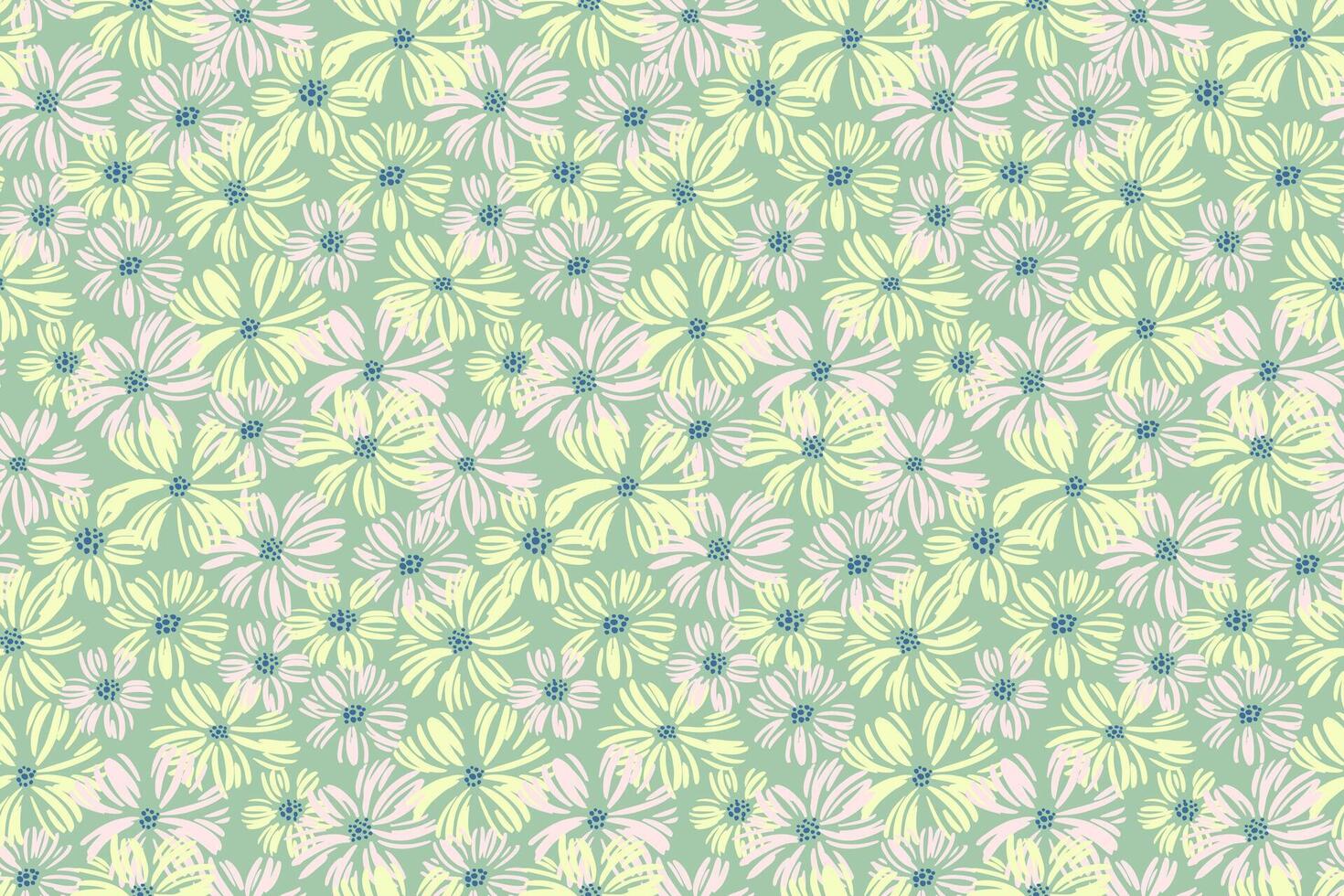 Pastell- abstrakt Wiese Blumen nahtlos Muster auf ein Grün Hintergrund. Bürste Blumen- Textur Drucken. Hand gezeichnet skizzieren Illustration. Vorlage zum Entwürfe, Kinder Textilien, Stoff vektor