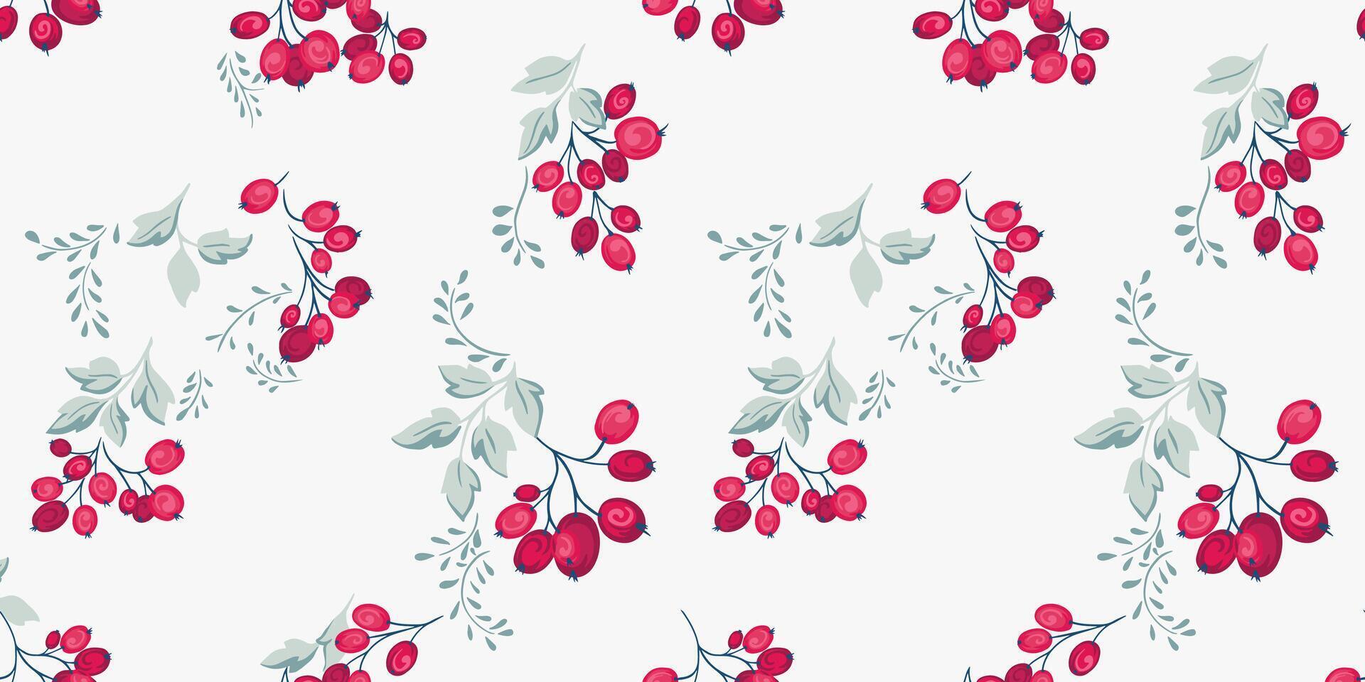 abstrakt künstlerisch Geäst mit Beeren und Blätter nahtlos Muster. gezeichnet Hand. kreativ Wacholder, Buchsbaum, Schneeball, Berberitze. botanisch Winter Beere Illustration drucken. Vorlage zum Design vektor