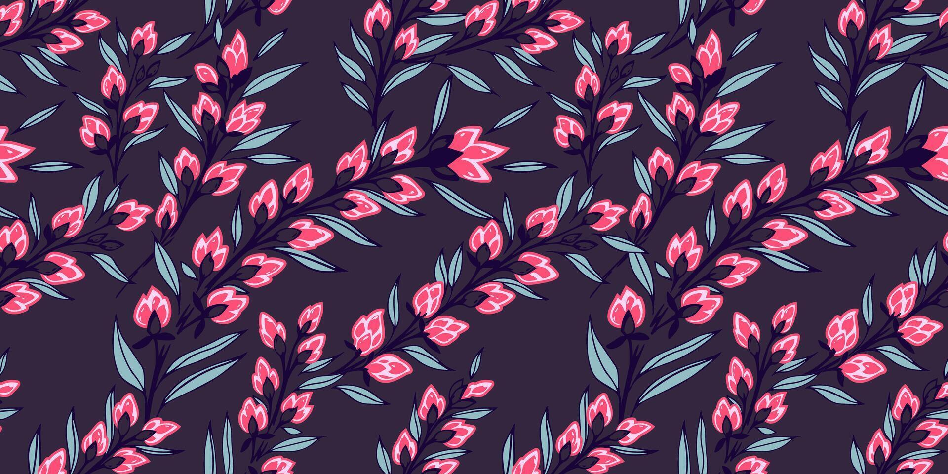 bunt kreativ Blüten Blumen- Stängel nahtlos Muster auf ein dunkel Hintergrund. abstrakt Kunst Geäst mit winzig Blätter, Blumen Knospen Drucken. Hand gezeichnet. Vorlage zum Entwürfe, Stoff, Textilien vektor