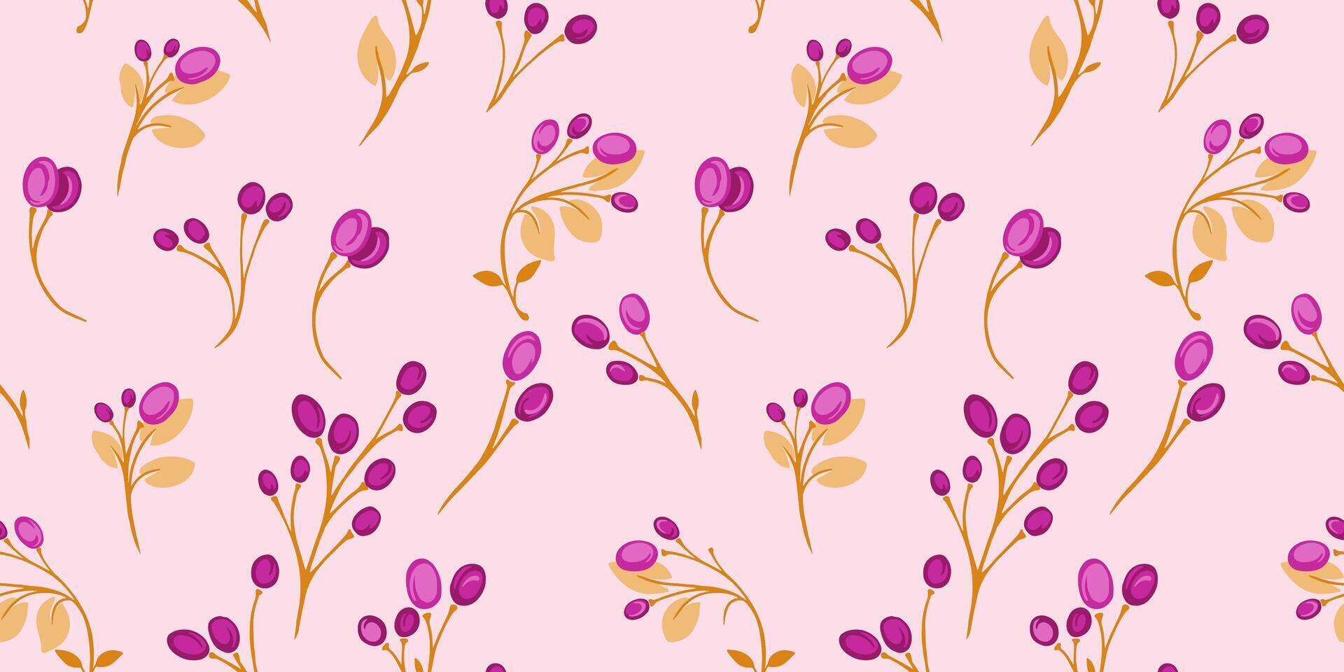 kreativ grenar med abstrakt former bär och mycket liten löv spridd slumpvis i en sömlös mönster. hand ritade. färgrik rosa minimalistisk utskrift. mall för mönster, textil, tyg vektor