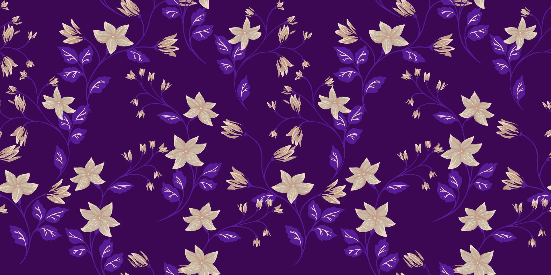 elegans monoton sömlös mönster med grenar med mycket liten blommor klockor, små löv. hand dragen illustration. abstrakt konstnärlig blommig stjälkar utskrift sammanflätade i en violett bakgrund. vektor